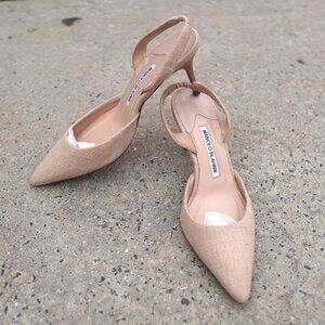 Manolo Blahnik Slingback Mules IT 36.5 Beige Linen Heel SATC Carrie Bradshaw